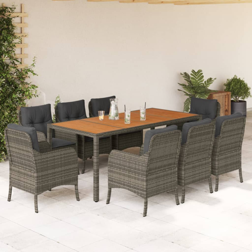 9 Pcs conjunto de jantar p/ jardim c/ almofadões vime PE cinza