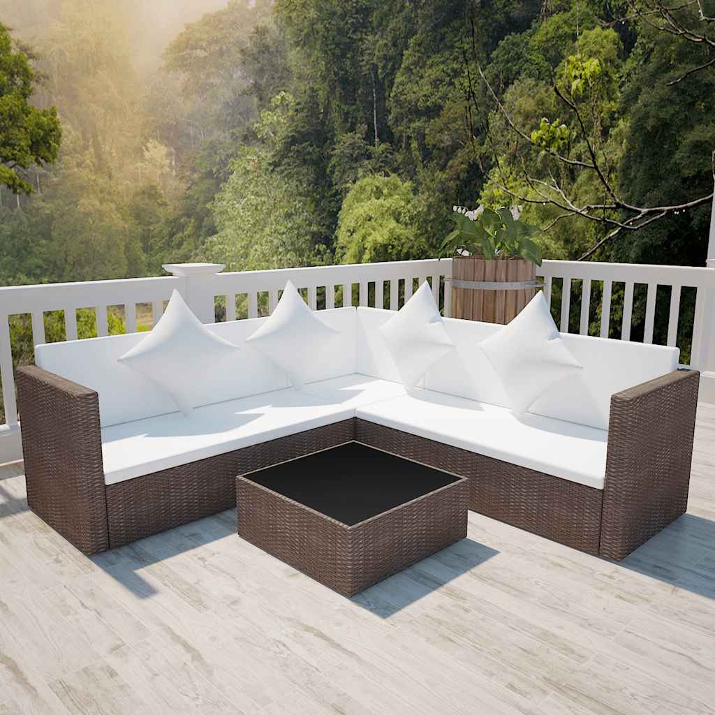 4 Pcs conjunto lounge jardim c/ almofadões vime PE castanho