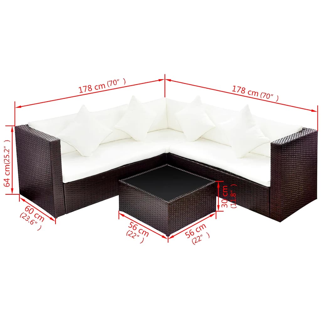 4 Pcs conjunto lounge jardim c/ almofadões vime PE castanho