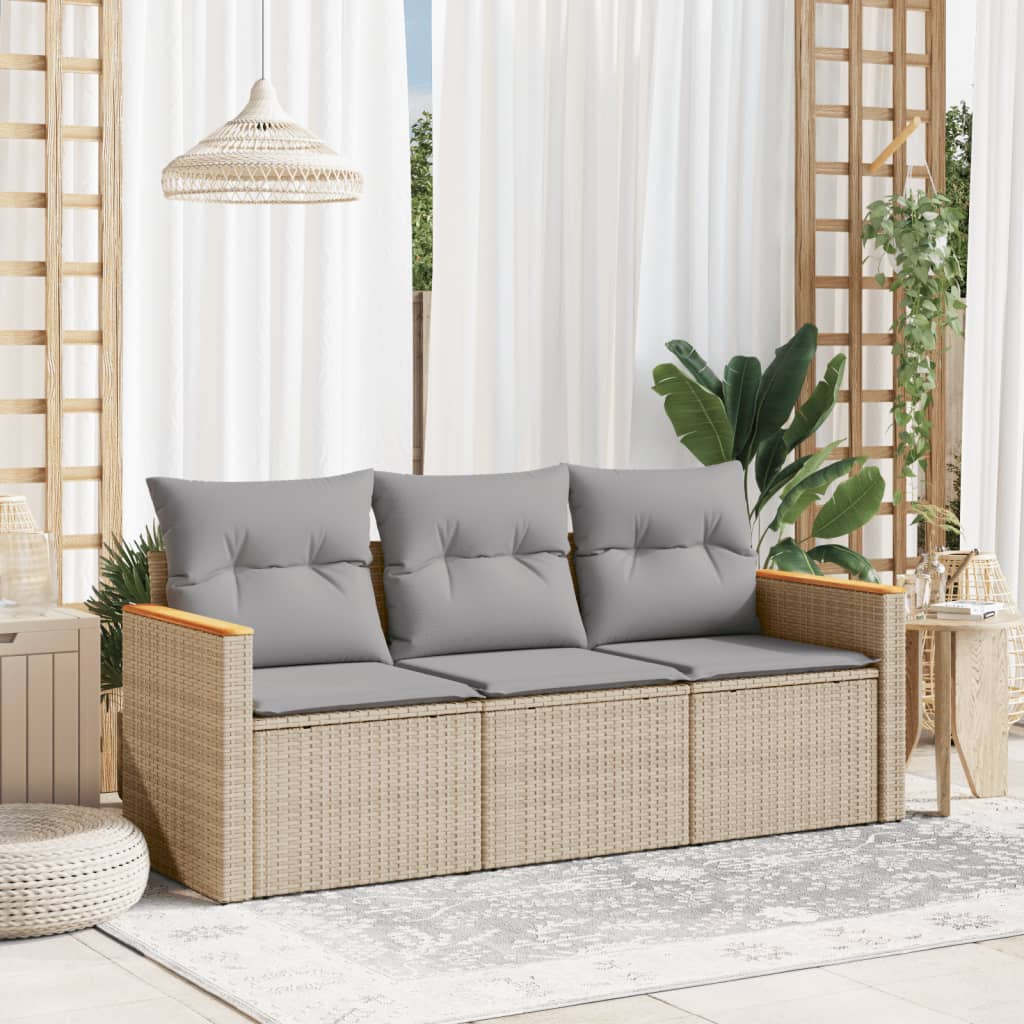 3 Pcs conj. sofás jardim c/ almofadões vime PE mistura de beges