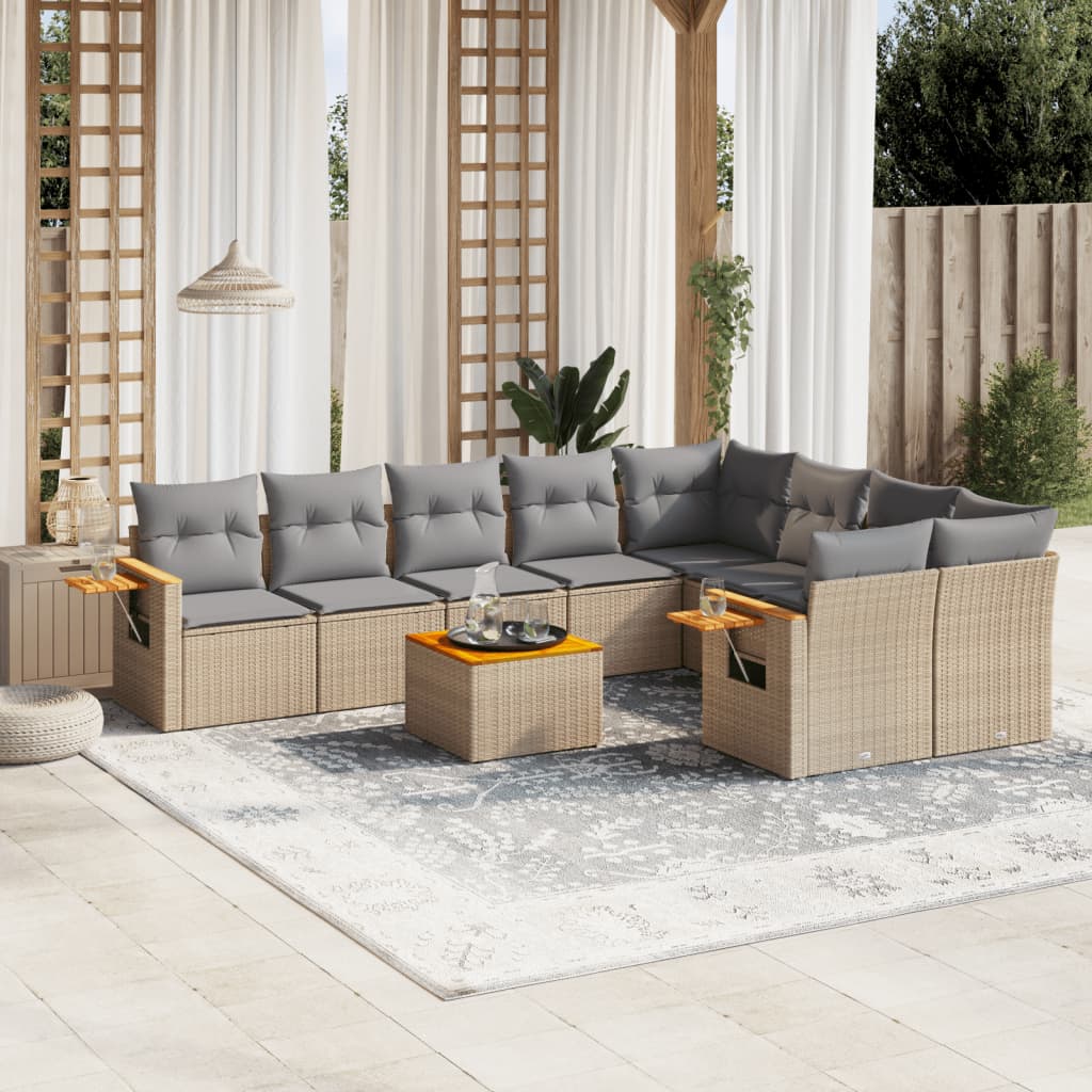 10 Pcs conjunto de sofás p/ jardim com almofadões vime PE bege