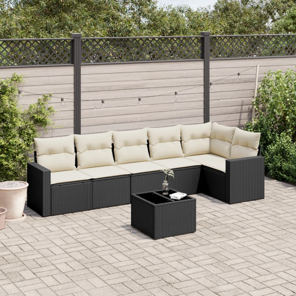 7 Pcs conjunto de sofás p/ jardim c/ almofadões vime PE preto
