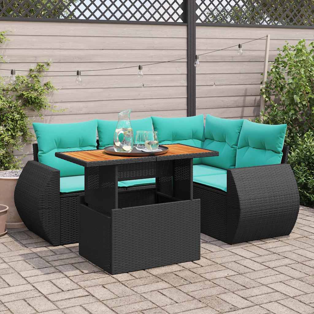5 Pcs conjunto sofás de jardim com almofadões vime PE preto