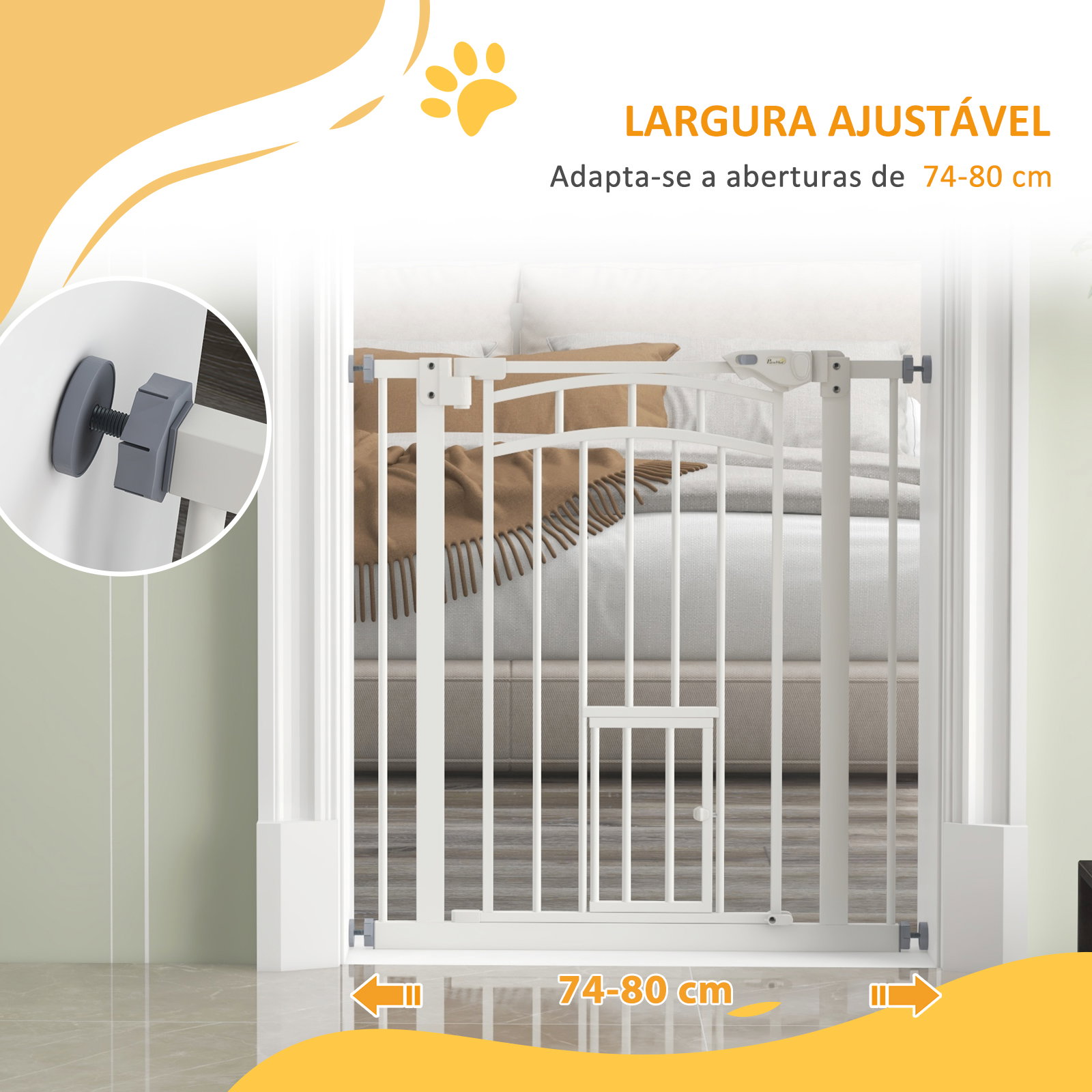 Barreira de segurança para cães 74-80 cm porta de segurança para animais com montagem a pressão e duplo bloqueio branco