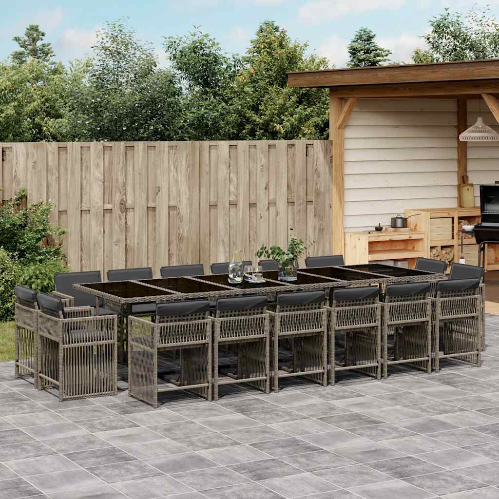 17 Pcs conj. de jantar p/ jardim c/ almofadões vime PE cinzento