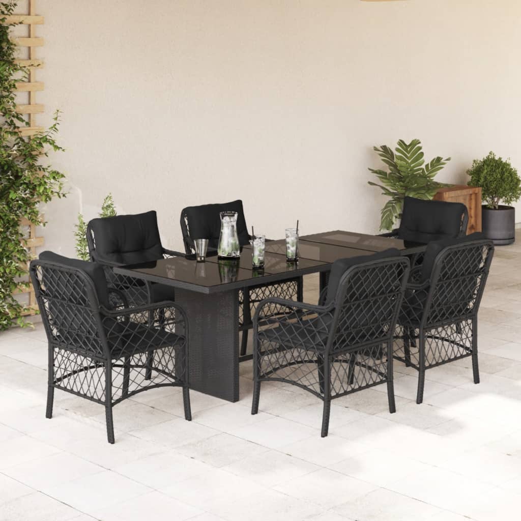 7 Pcs conjunto de jantar p/ jardim c/ almofadões vime PE preto