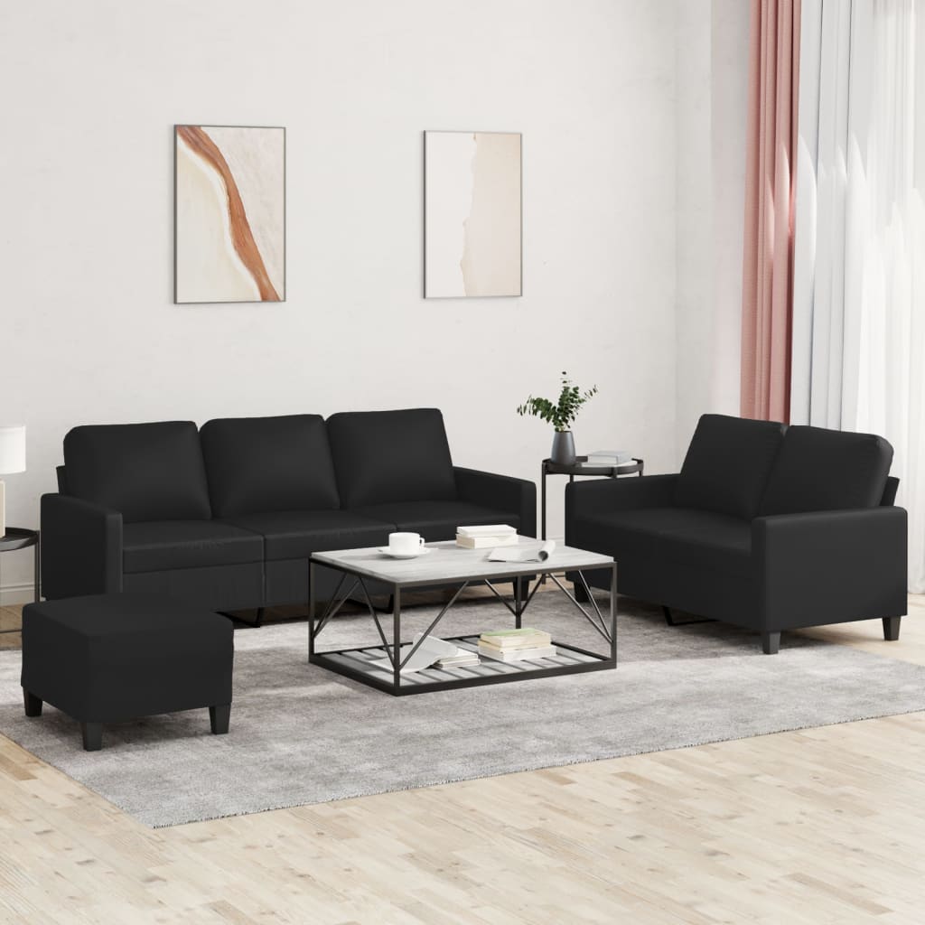 3 Pcs conjunto de sofás com almofadões couro artificial preto