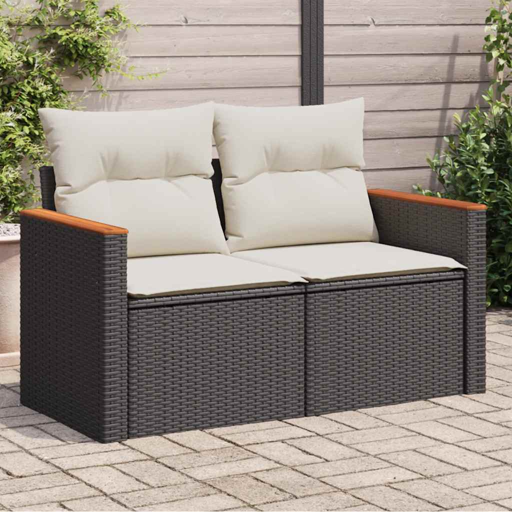 Sofá de jardim com almofadões 2 lugares vime PE preto