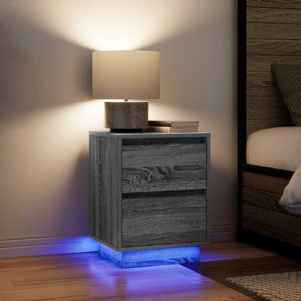 Mesas cabeceira c/ luzes LED 2 pcs 38x34x50 cm cinzento-sonoma