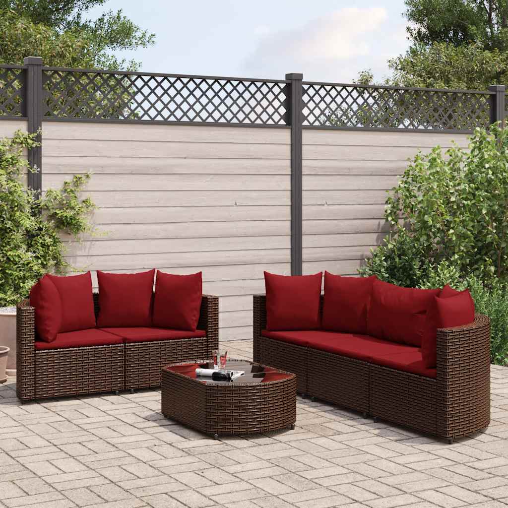 6 Pcs conjunto de sofás jardim c/ almofadões vime PE castanho