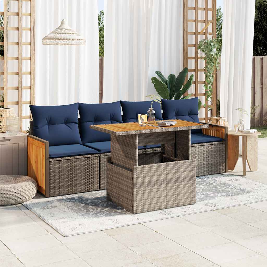 5 Pcs conjunto sofás de jardim c/ almofadões acácia e vime PE