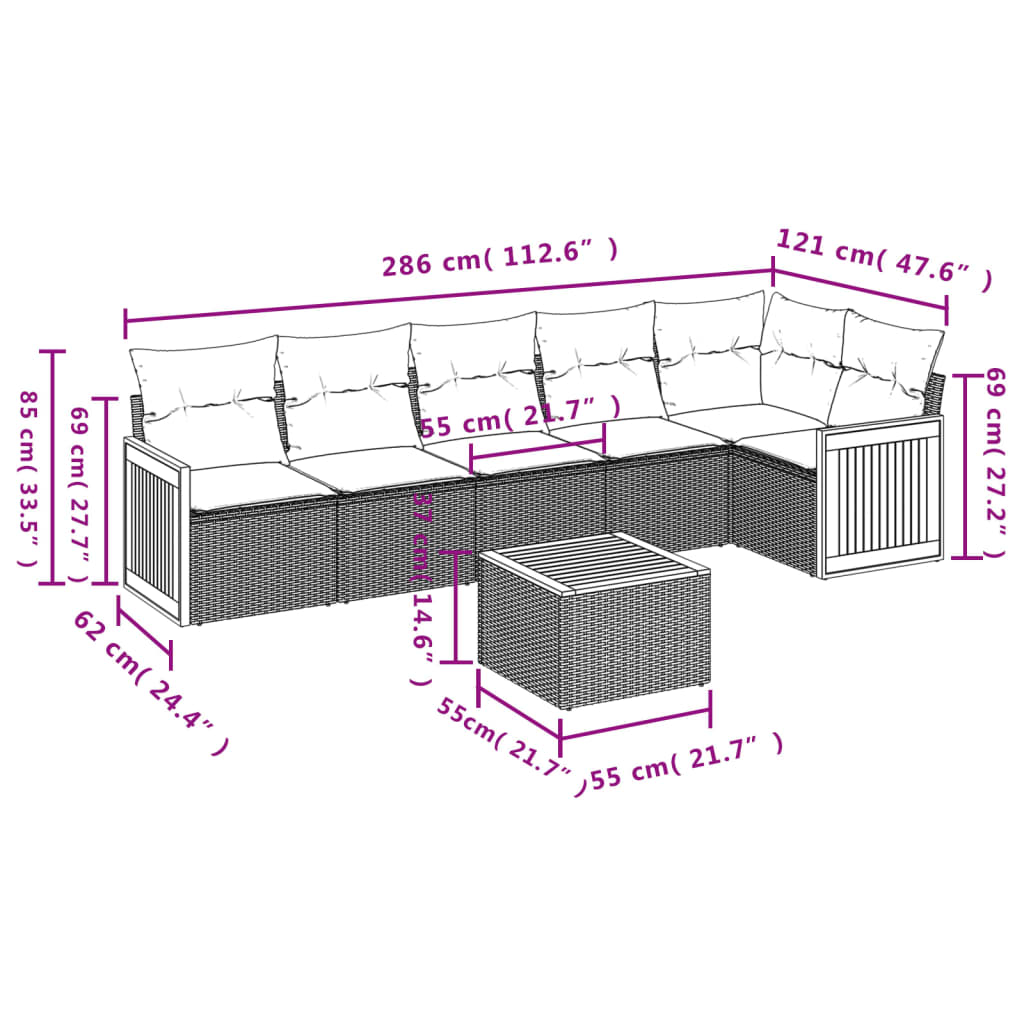 7 Pcs conjunto de sofás p/ jardim com almofadões vime PE bege