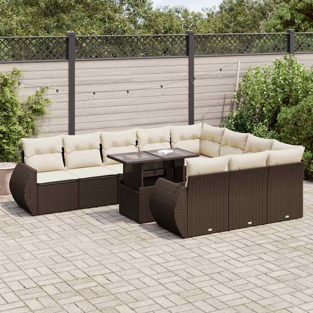 11 Pcs conjunto sofás de jardim c/ almofadões vime PE castanho