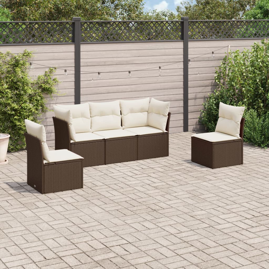 5 Pcs conjunto sofás p/ jardim c/ almofadões vime PE castanho