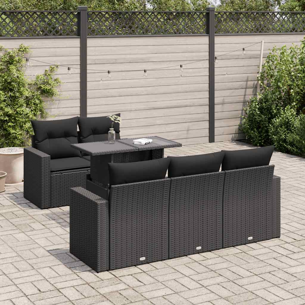 6 Pcs conjunto sofás de jardim c/ almofadões vime PE preto