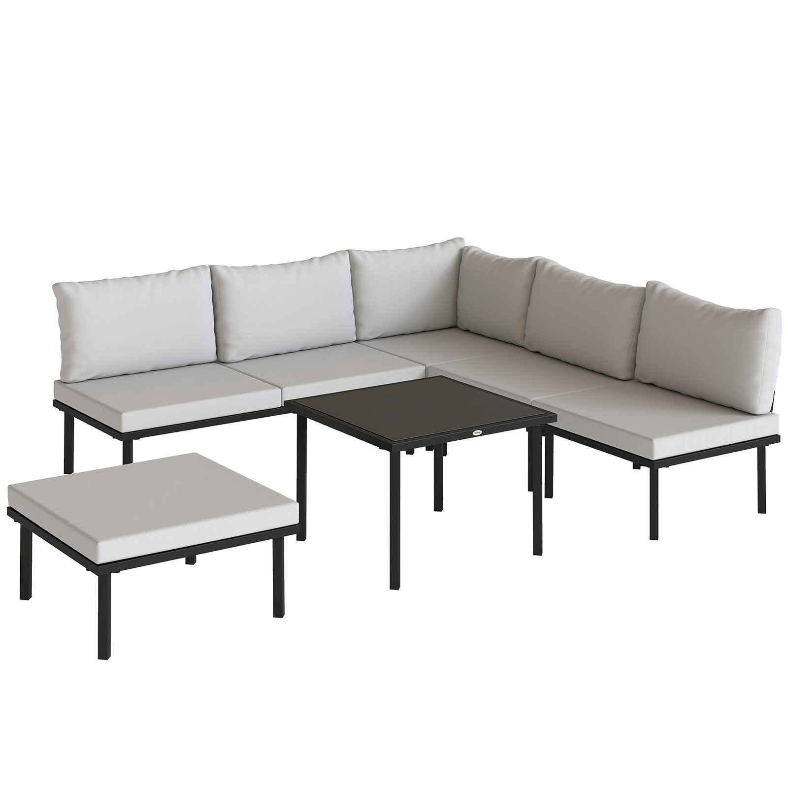 Conjunto de jardim exterior de 6 peças com sofá de 2 lugares, módulo de canto, 2 assentos, apoio para pés e mesa de vidro, cinzento claro