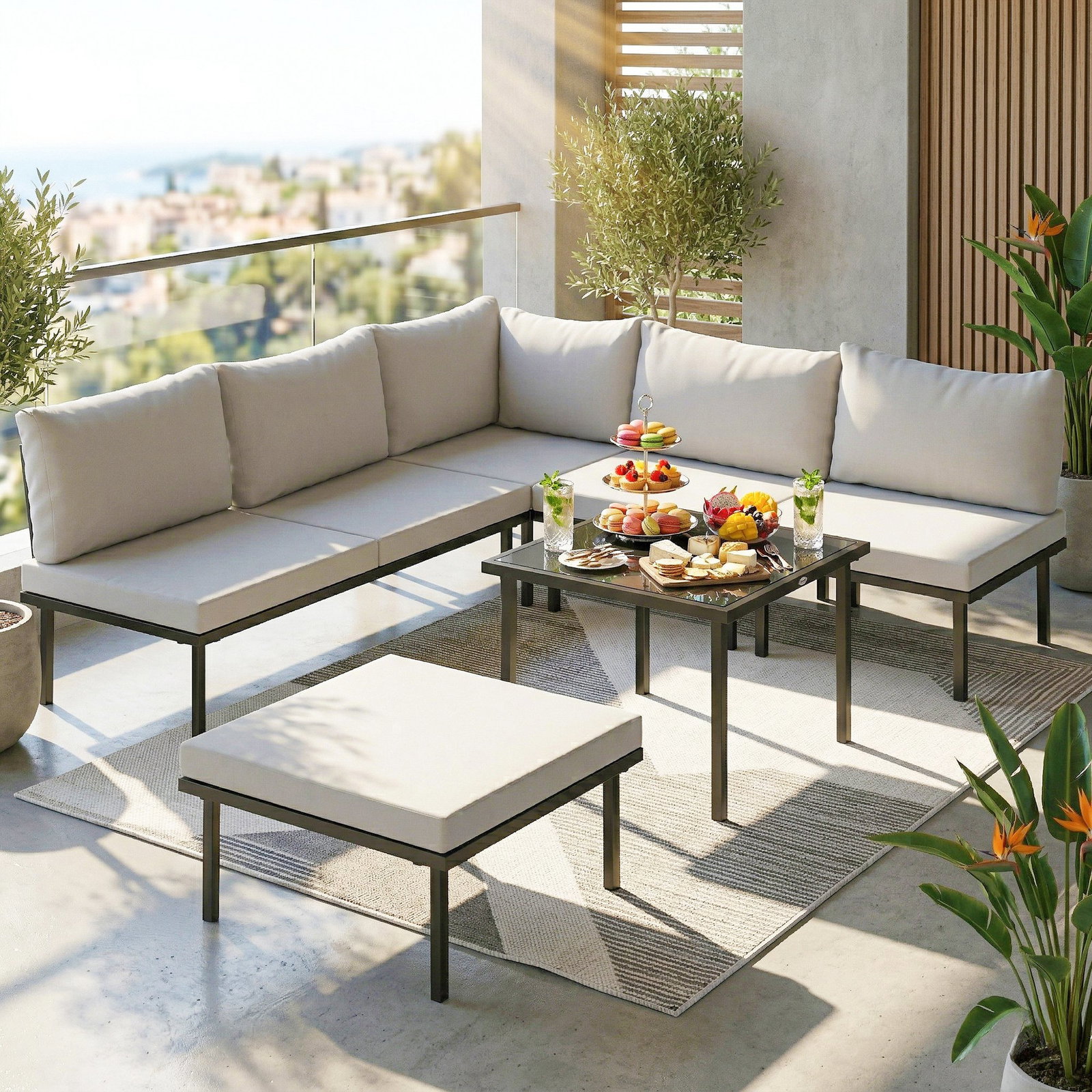 Conjunto de jardim exterior de 6 peças com sofá de 2 lugares, módulo de canto, 2 assentos, apoio para pés e mesa de vidro, cinzento claro