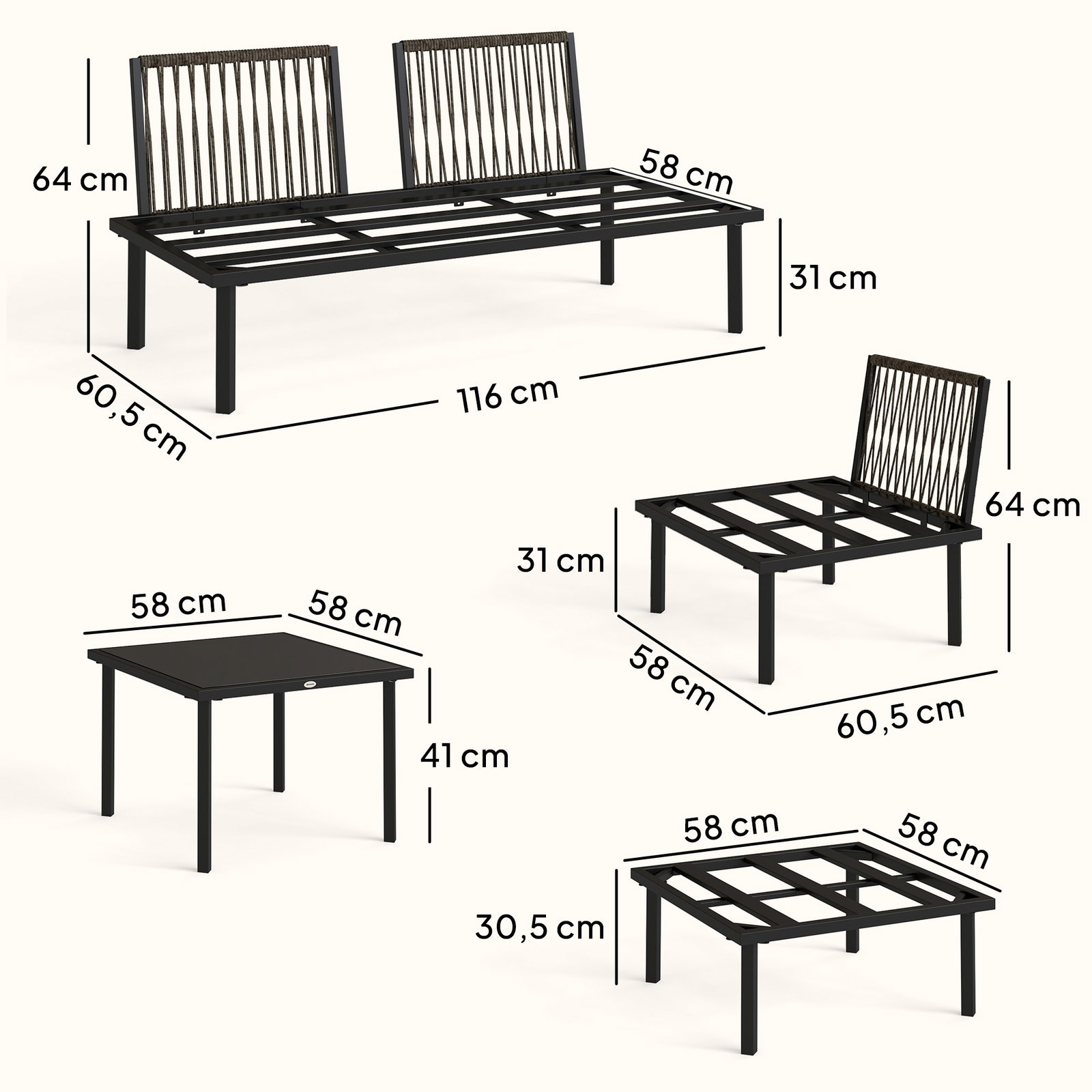 Conjunto de jardim exterior de 6 peças com sofá de 2 lugares, módulo de canto, 2 assentos, apoio para pés e mesa de vidro, cinzento claro