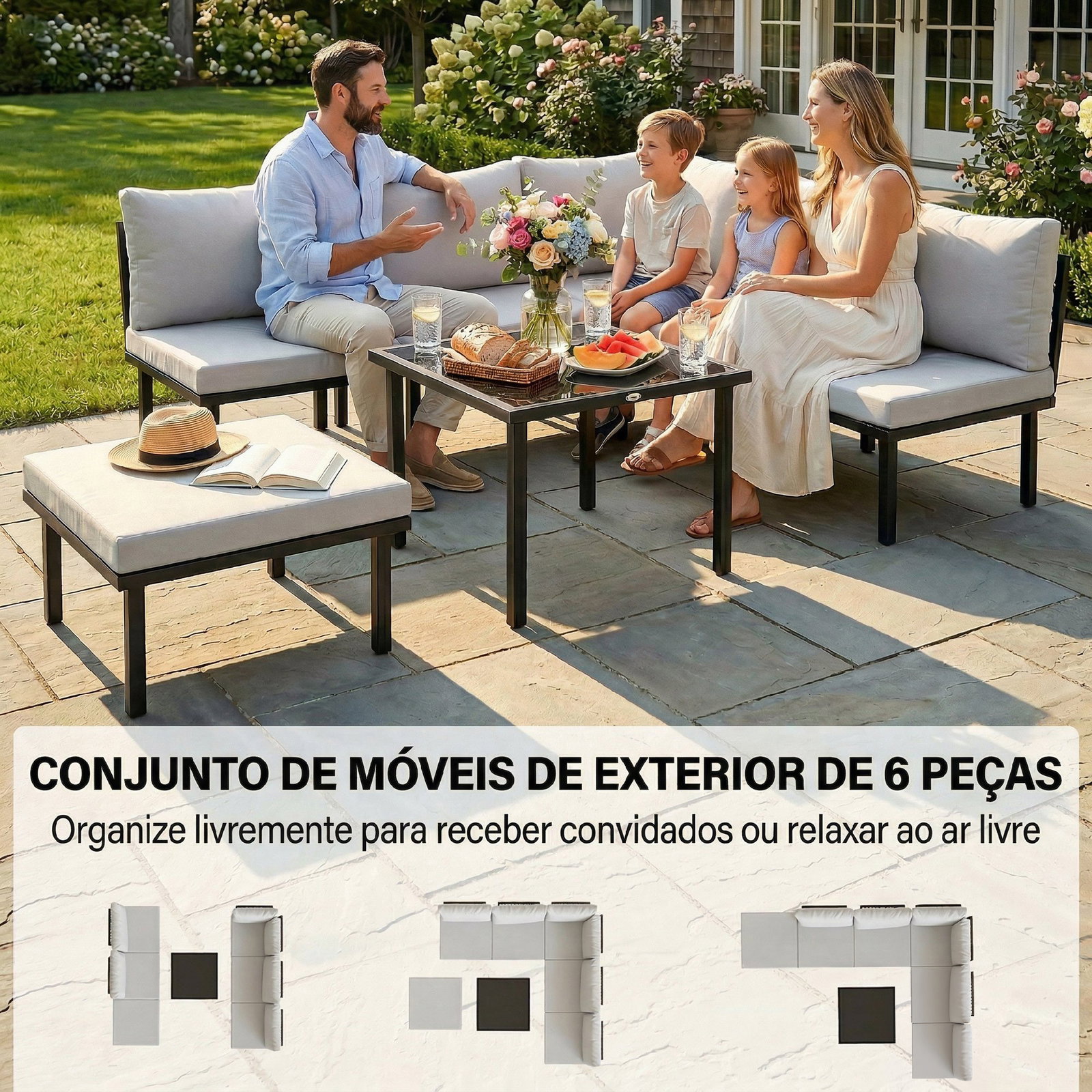 Conjunto de jardim exterior de 6 peças com sofá de 2 lugares, módulo de canto, 2 assentos, apoio para pés e mesa de vidro, cinzento claro