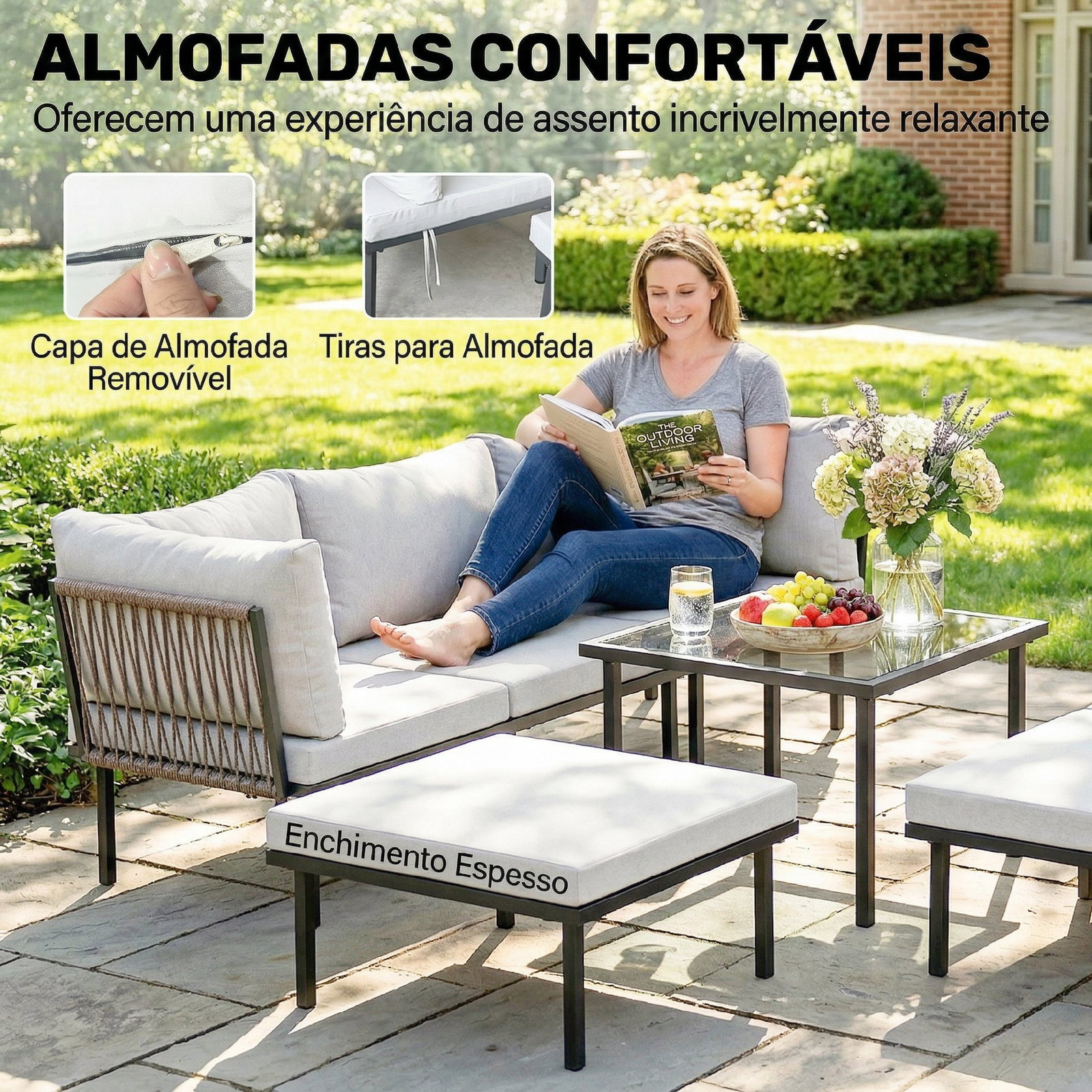 Conjunto de jardim exterior de 6 peças com sofá de 2 lugares, módulo de canto, 2 assentos, apoio para pés e mesa de vidro, cinzento claro