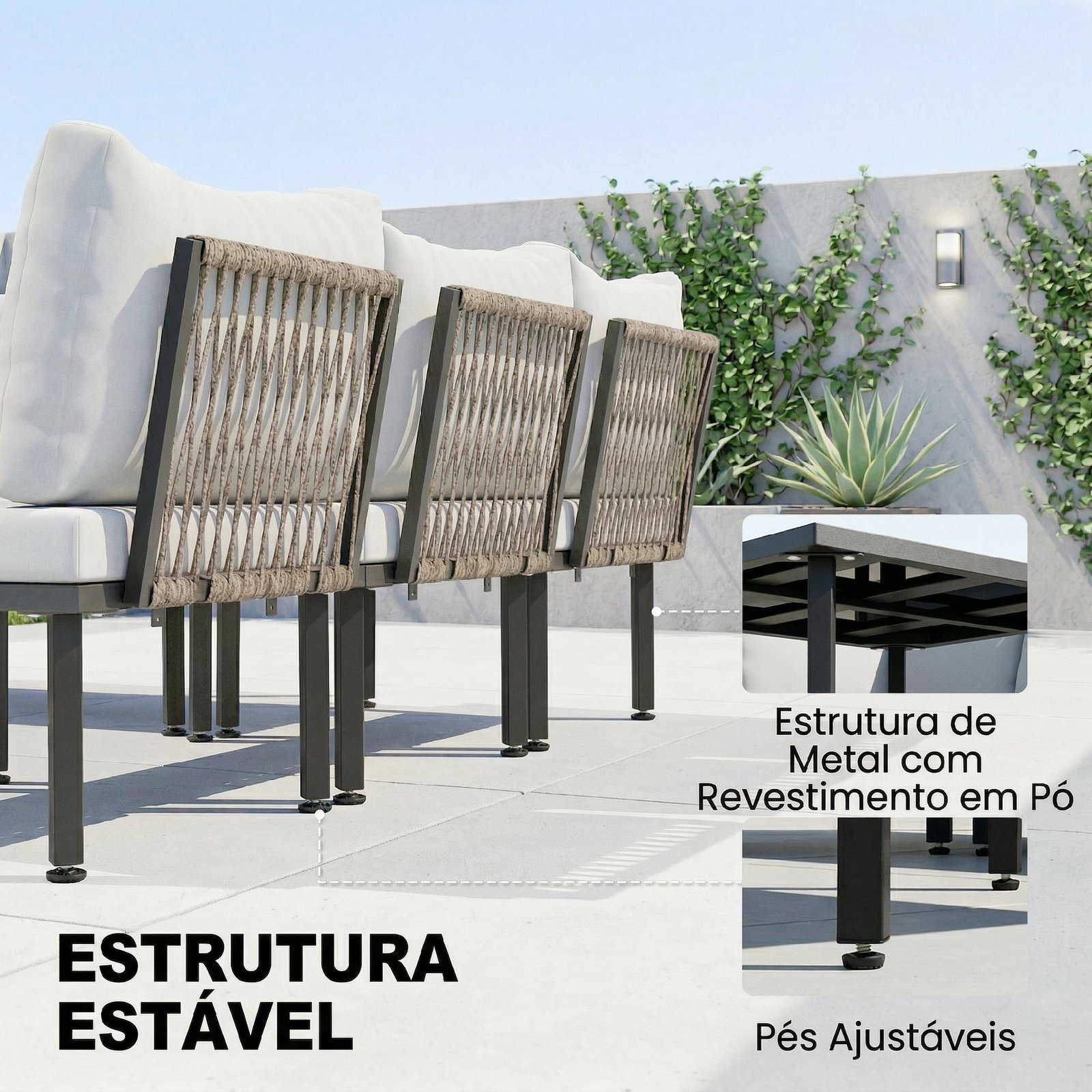 Conjunto de jardim exterior de 6 peças com sofá de 2 lugares, módulo de canto, 2 assentos, apoio para pés e mesa de vidro, cinzento claro