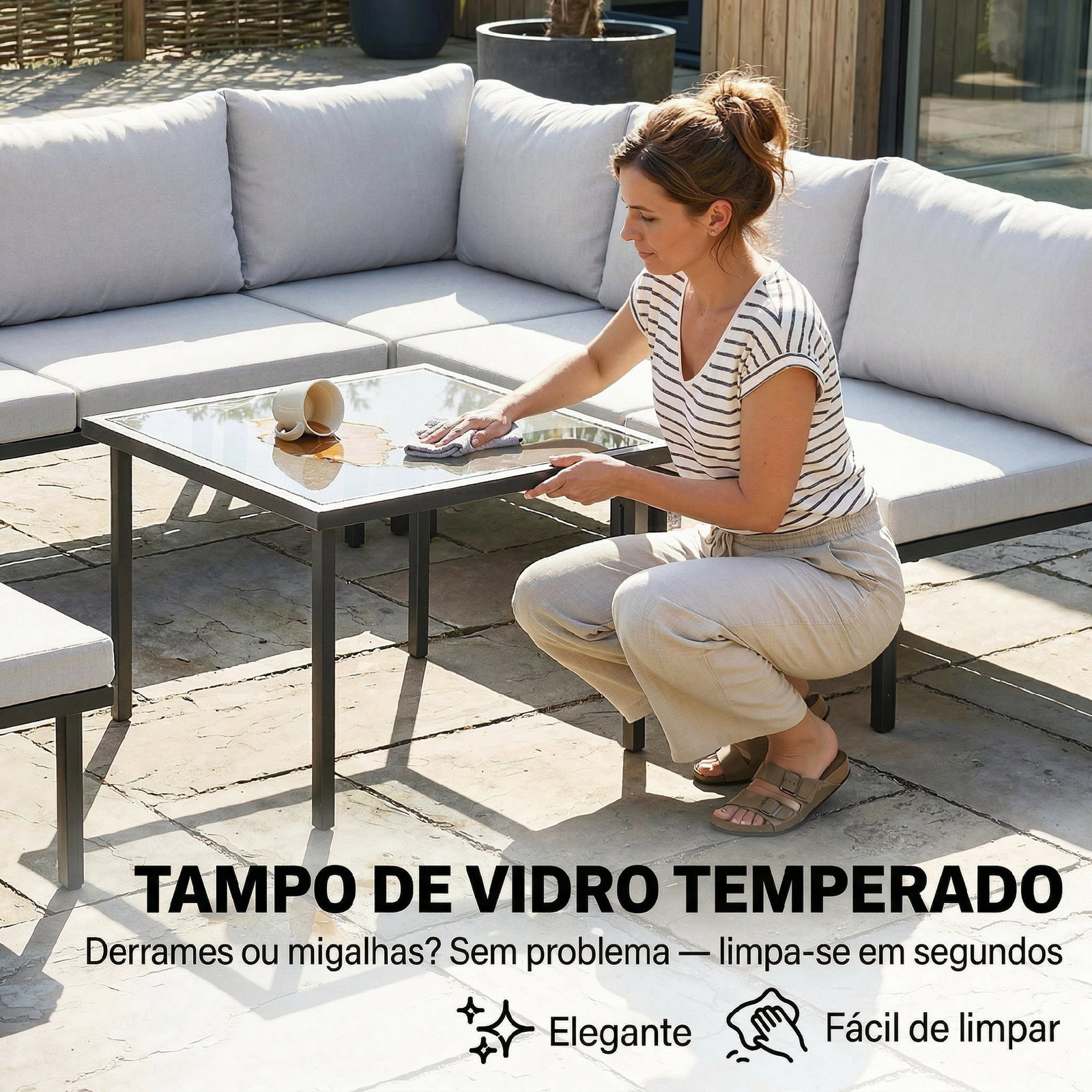 Conjunto de jardim exterior de 6 peças com sofá de 2 lugares, módulo de canto, 2 assentos, apoio para pés e mesa de vidro, cinzento claro