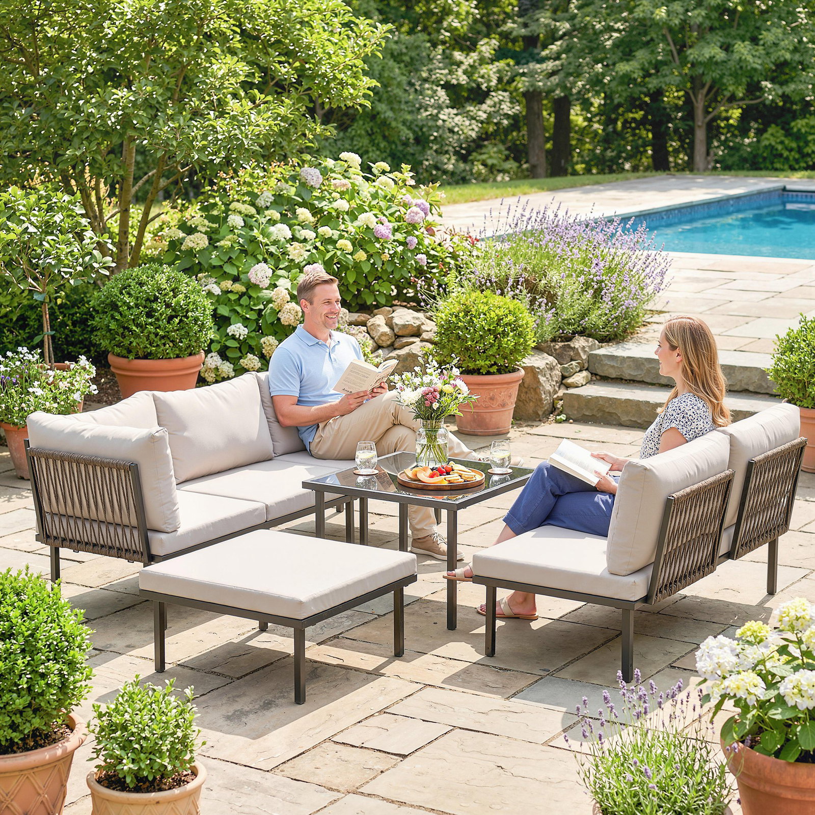 Conjunto de jardim exterior de 6 peças com sofá de 2 lugares, módulo de canto, 2 assentos, apoio para pés e mesa de vidro, cinzento claro