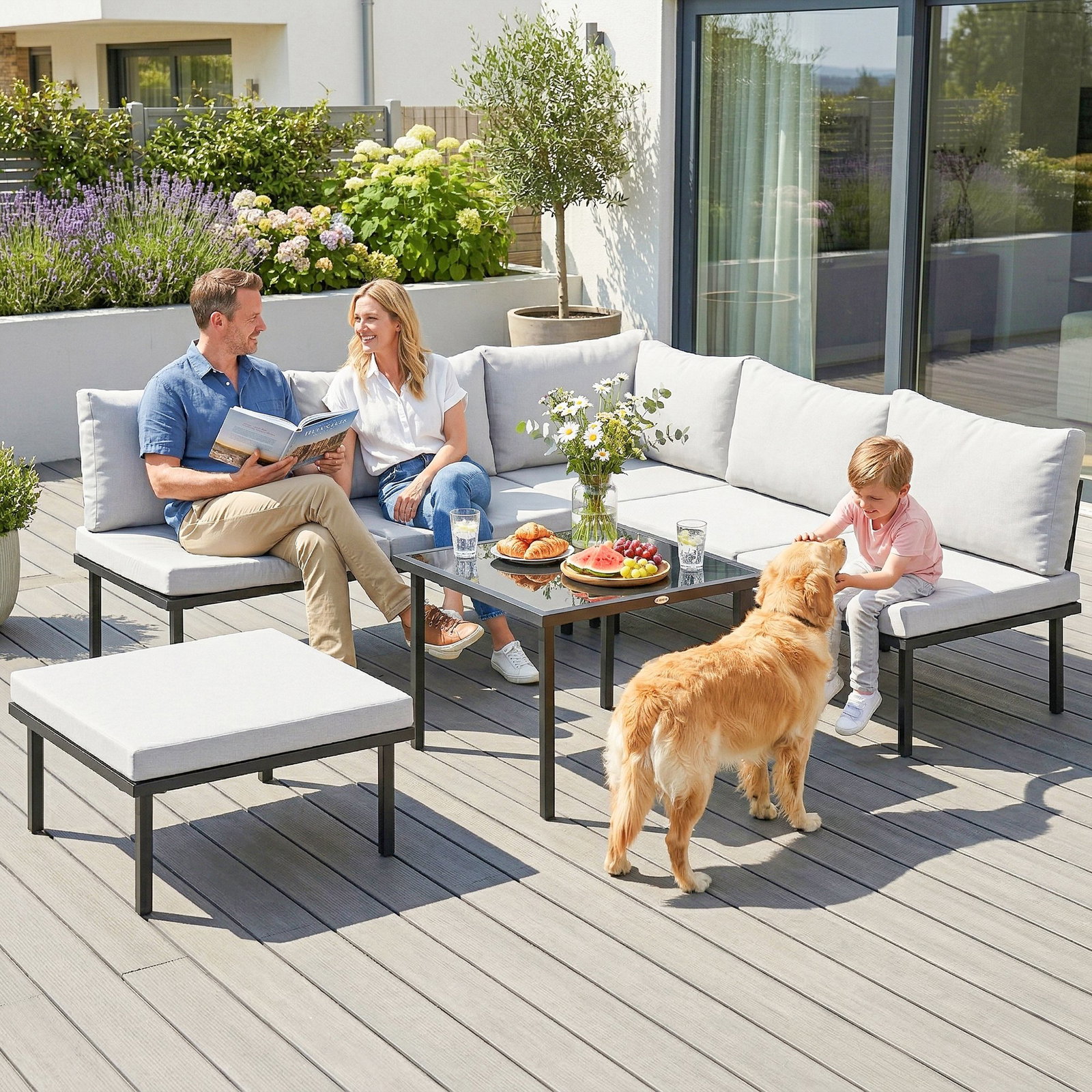 Conjunto de jardim exterior de 6 peças com sofá de 2 lugares, módulo de canto, 2 assentos, apoio para pés e mesa de vidro, cinzento claro