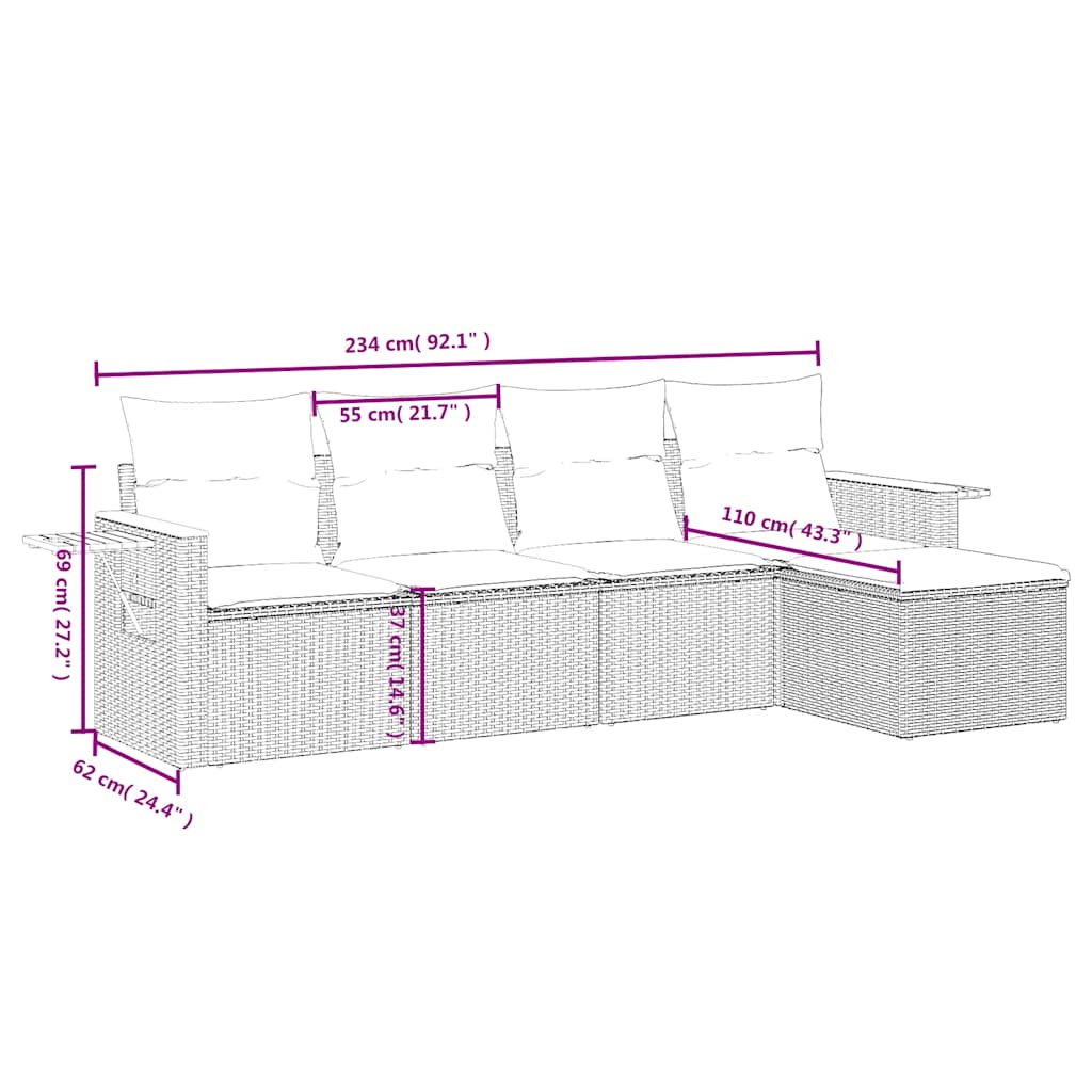 5 Pcs conjunto sofás de jardim com almofadões vime PE preto
