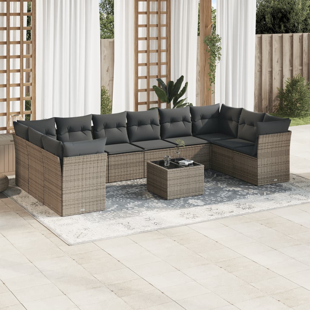11 Pcs conjunto sofás de jardim c/ almofadões vime PE cinzento