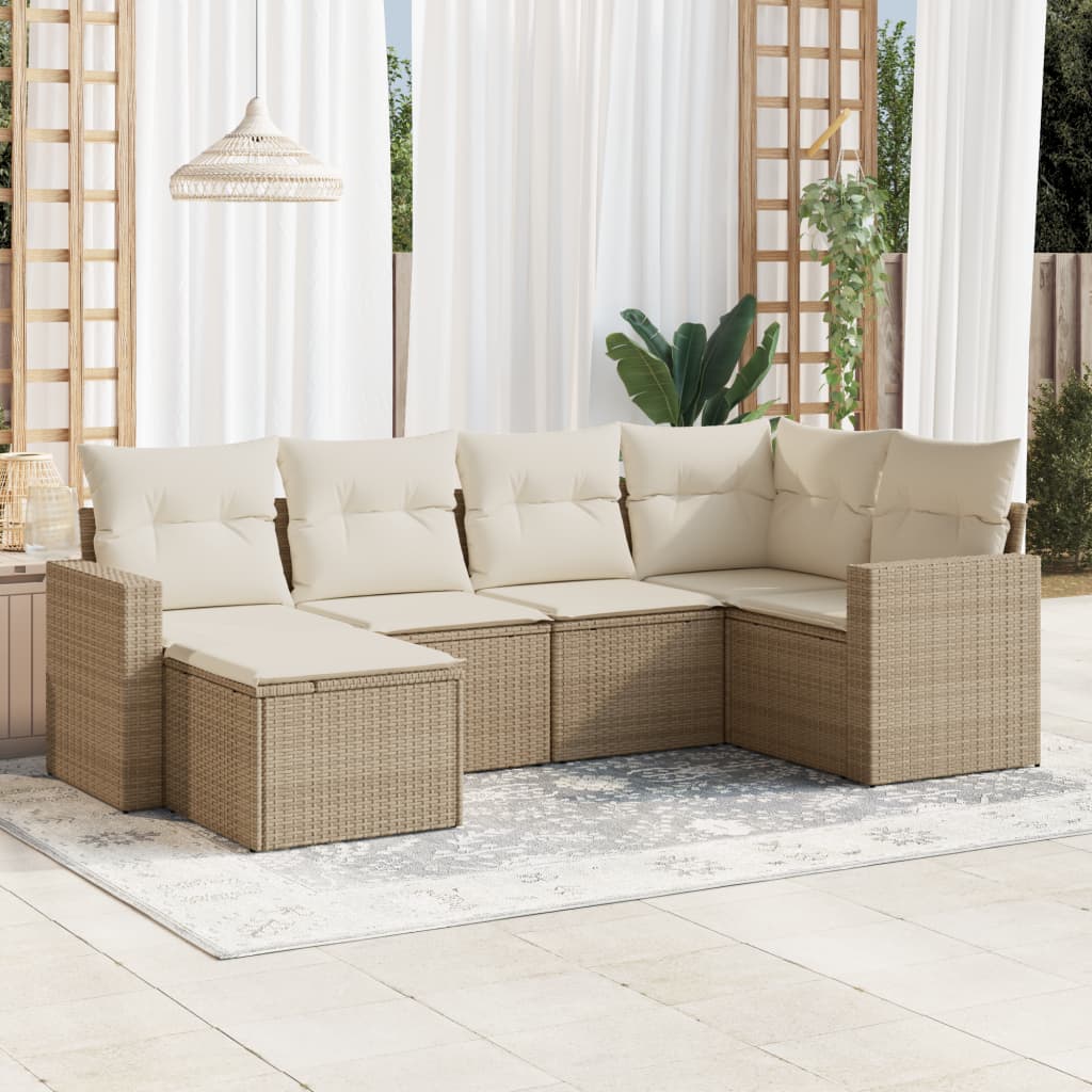 6 Pcs conjunto de sofás p/ jardim com almofadões vime PE bege