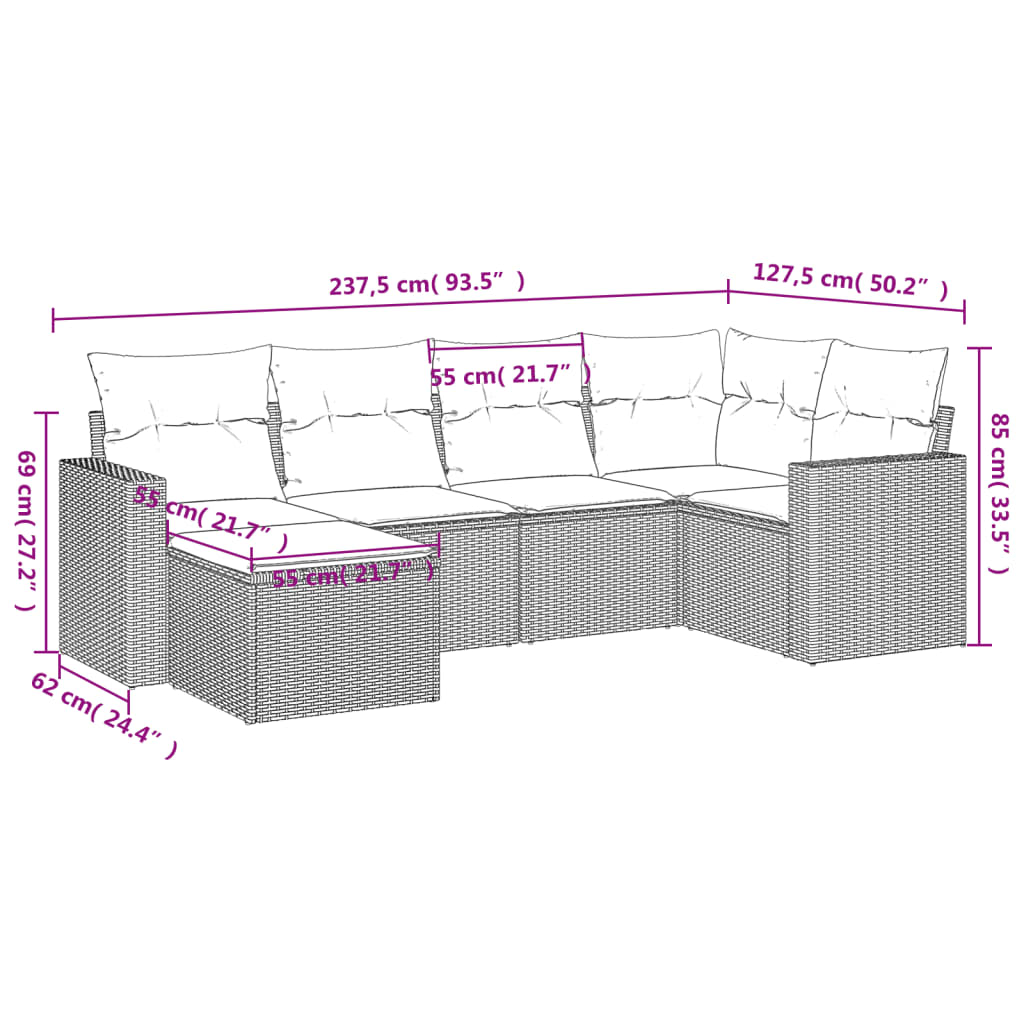 6 Pcs conjunto de sofás p/ jardim com almofadões vime PE bege
