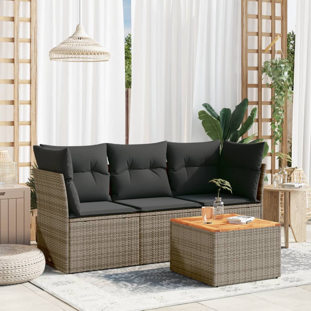 4 Pcs conjunto sofás de jardim c/ almofadões vime PE cinzento