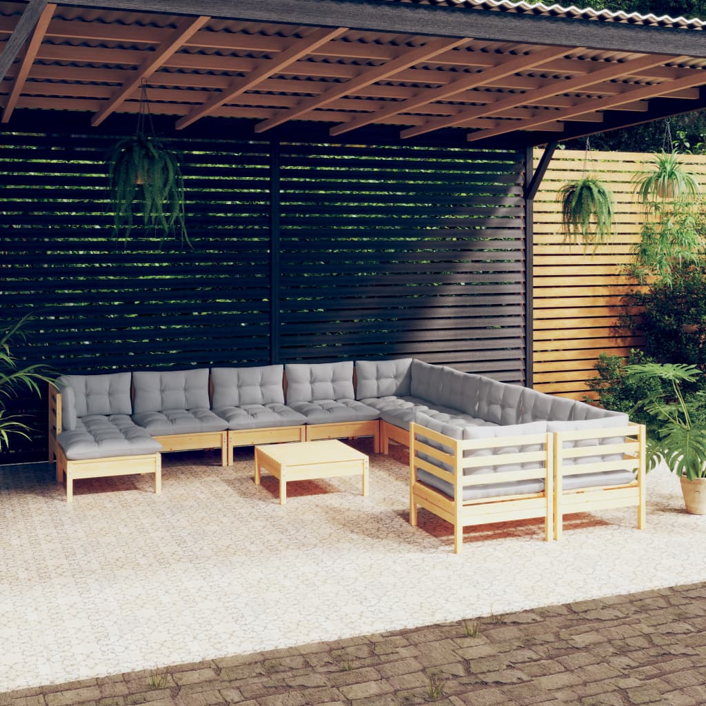 12 Pcs conjunto lounge de jardim c/ almofadões cinza pinho