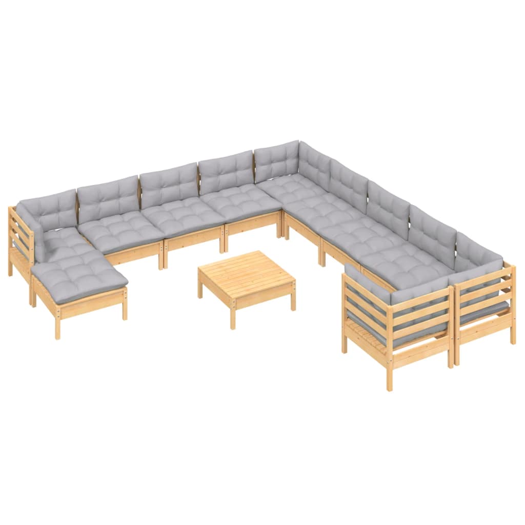 12 Pcs conjunto lounge de jardim c/ almofadões cinza pinho