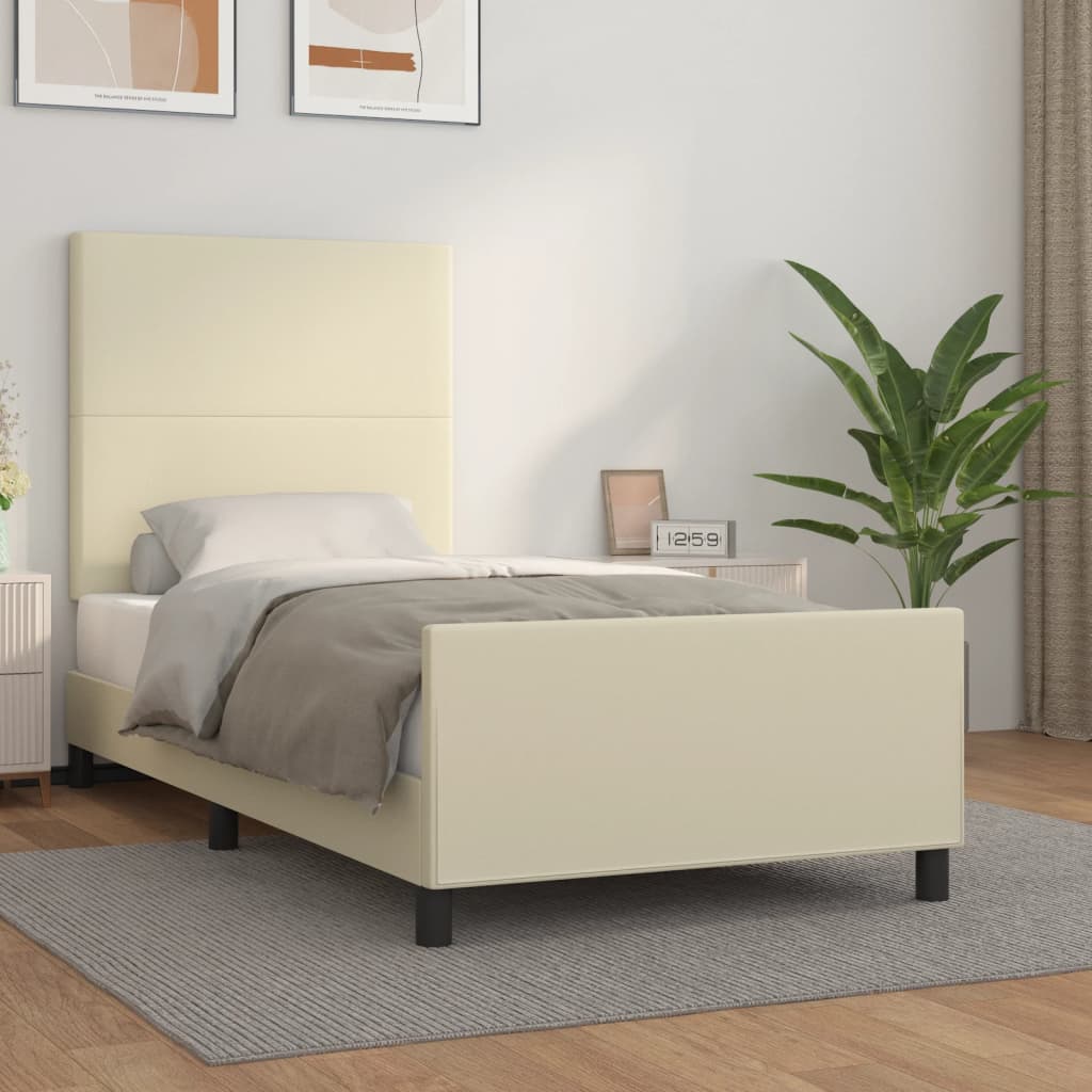 Estrutura de cama c/ cabeceira couro artificial 100x200cm creme