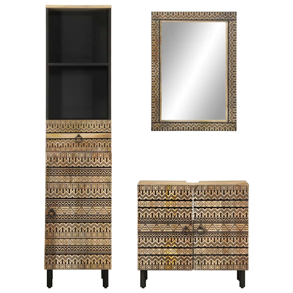 3 Pcs conj. móveis p/ casa de banho madeira mangueira maciça