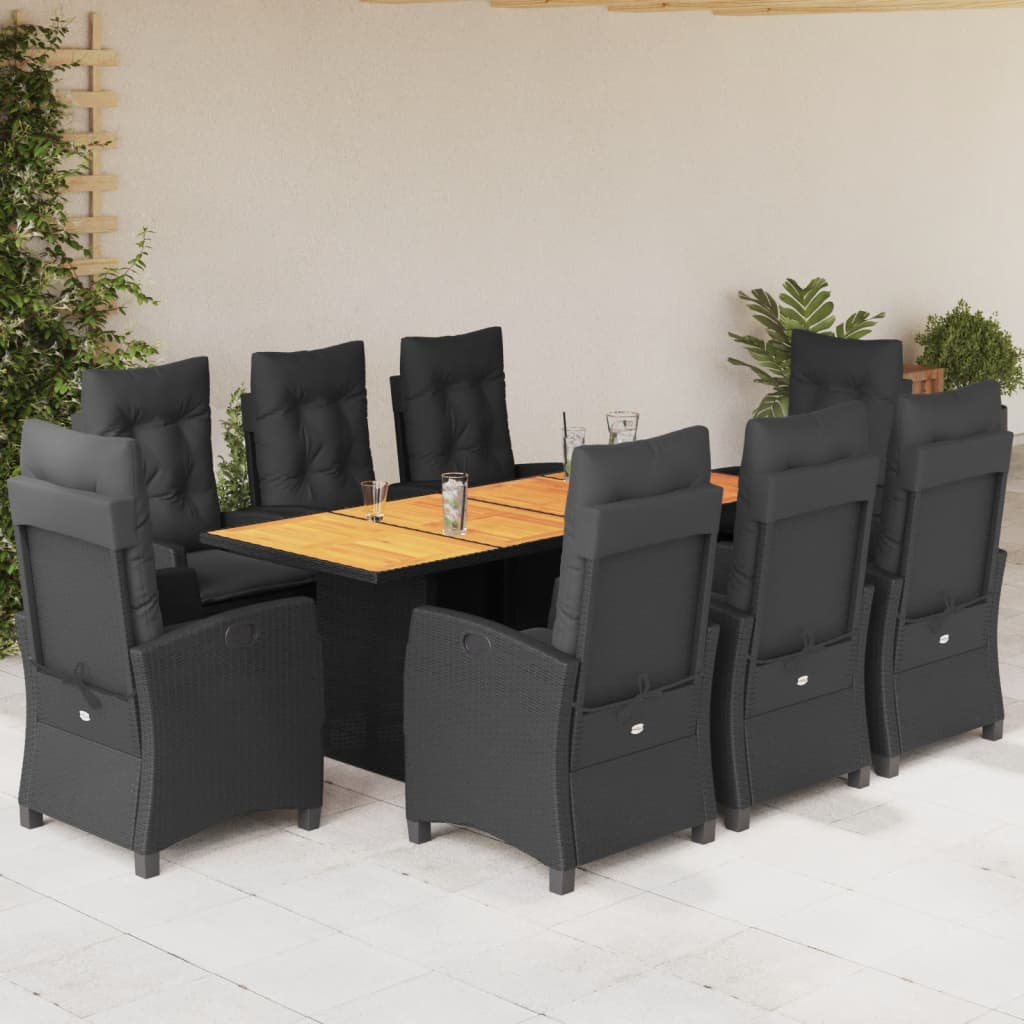 9 Pcs conjunto de jantar p/ jardim c/ almofadões vime PE preto