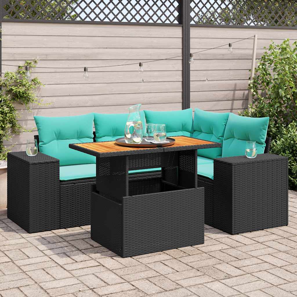 5 Pcs conjunto sofás de jardim com almofadões vime PE preto