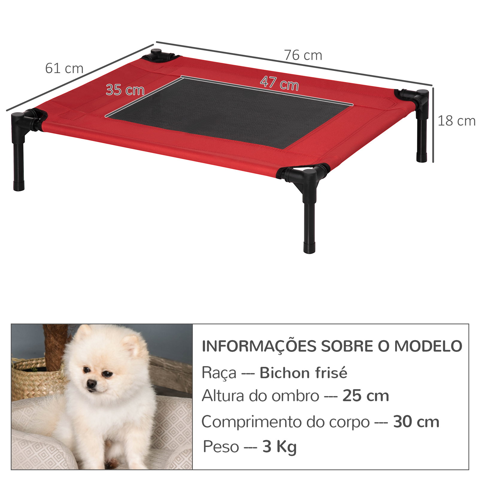 Cama para Animais de Estimação Cama Elevada para Cães Gatos Portátil Tecido Transpirável para Exterior Interior 76x61x18cm Verme