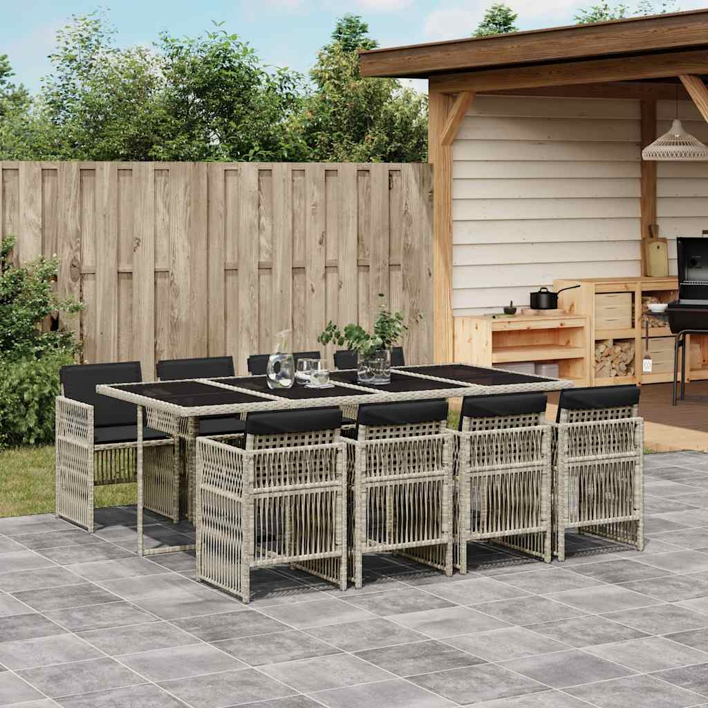 9 Pcs conjunto de jantar p/ jardim c/ almofadões cinzento claro