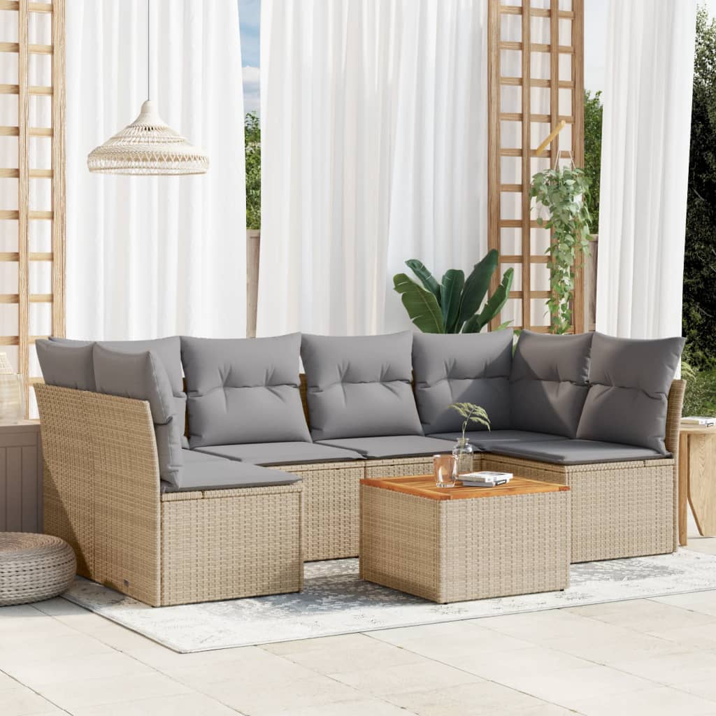 7 Pcs conj. sofás jardim c/ almofadões vime PE bege misturado