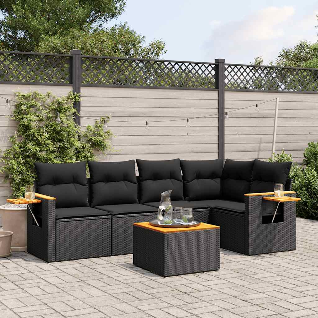6 Pcs conjunto sofás de jardim c/ almofadões vime PE preto