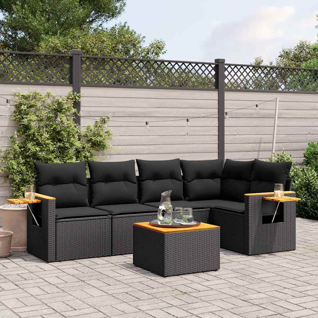 6 Pcs conjunto sofás de jardim c/ almofadões vime PE preto