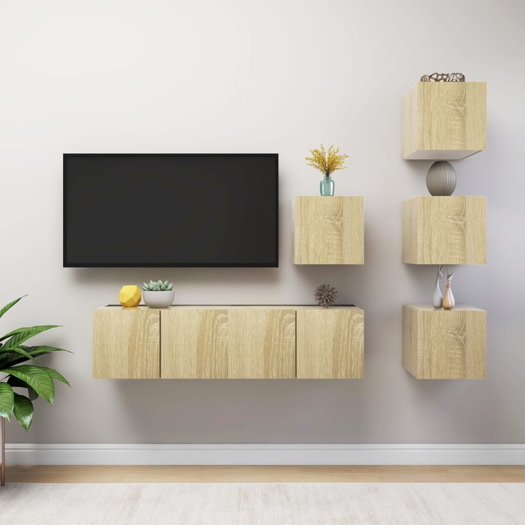 6 Pcs conjunto móveis de TV derivados madeira carvalho sonoma