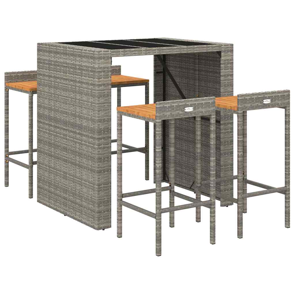 5 Pcs conjunto de bar p/ jardim vime PE/acácia maciça cinzento