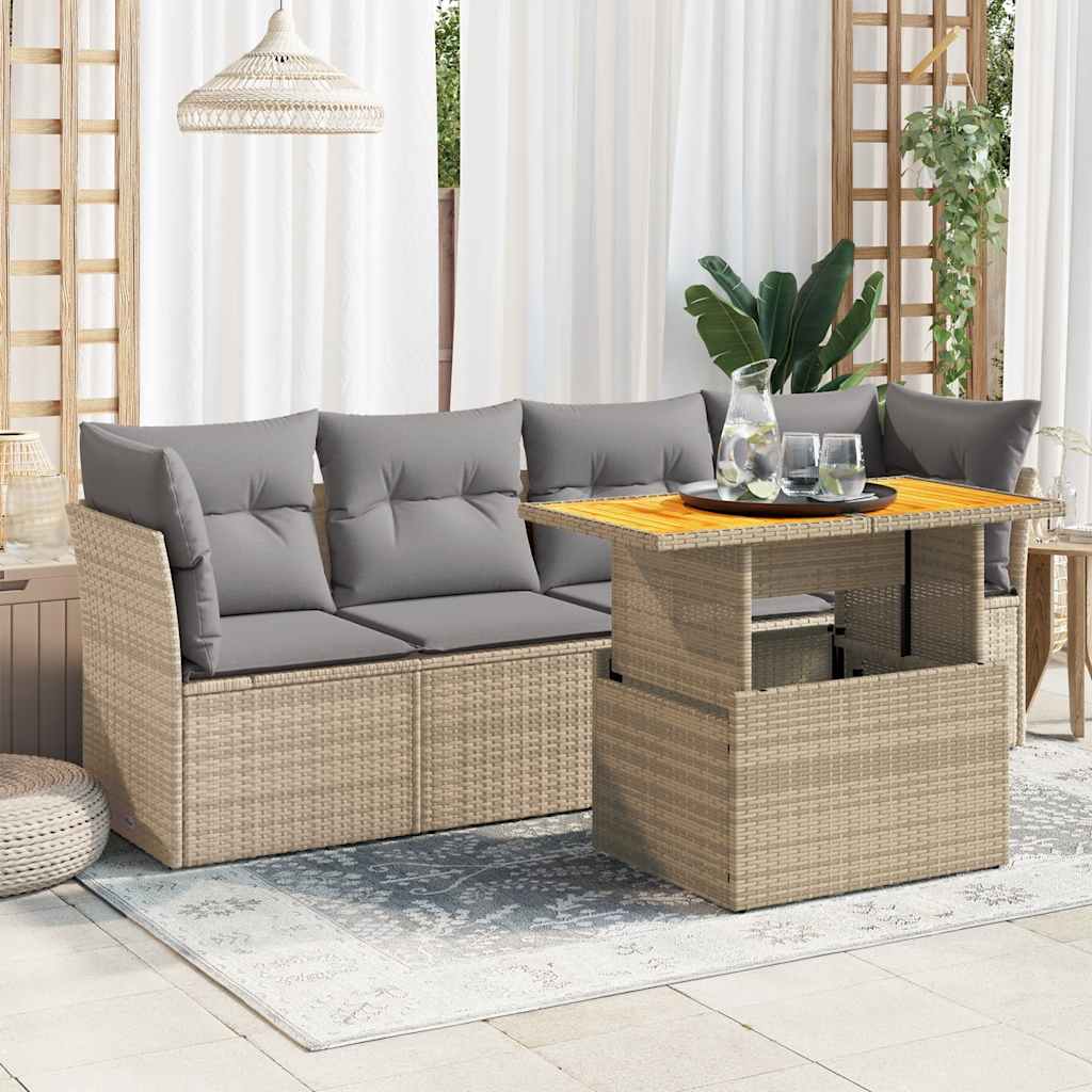 5 Pcs conjunto de sofás p/ jardim com almofadões vime PE bege