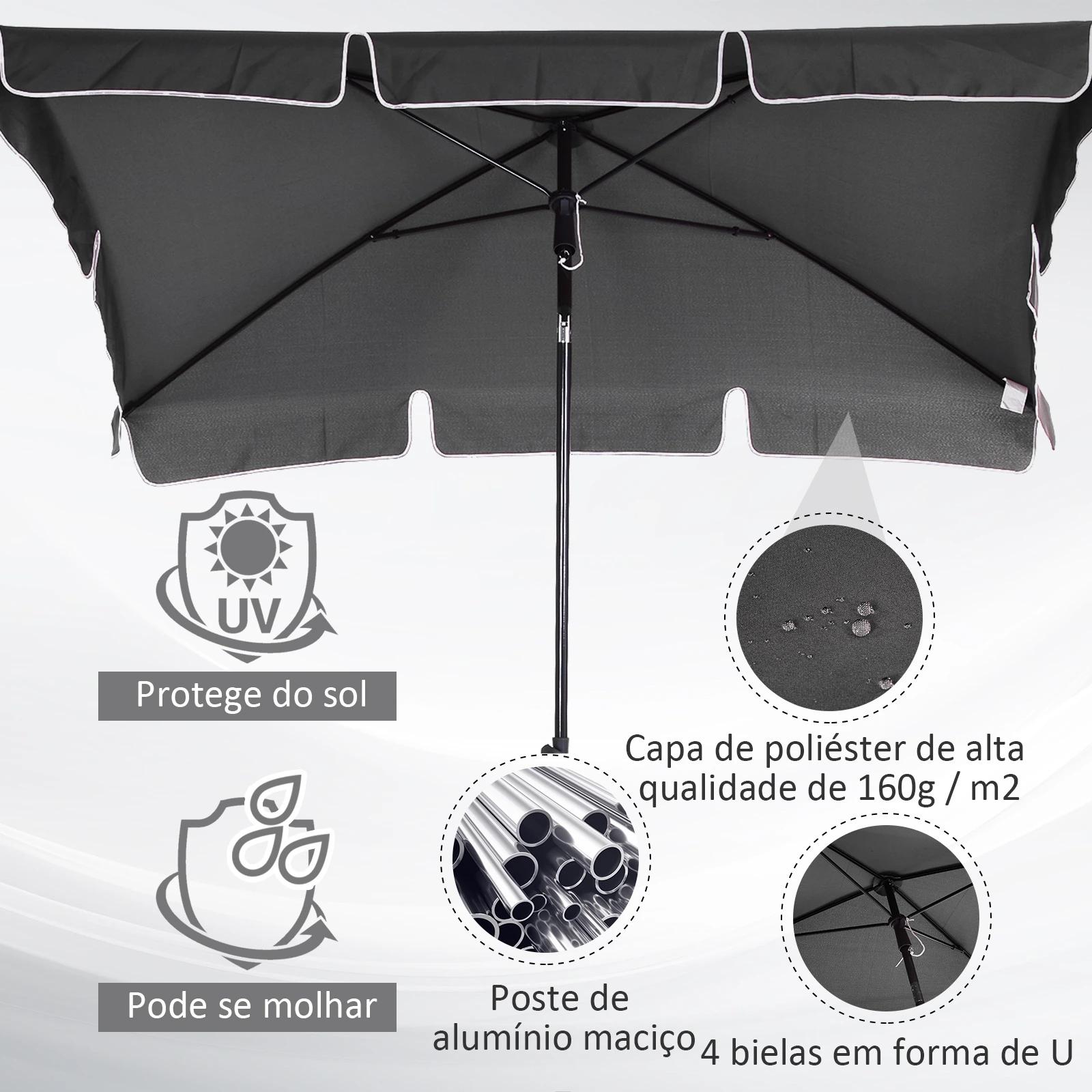 Chapéu de sol retangular de jardim 198x130x240cm chapéu de sol de alumínio com função de inclinação para terraço pátio exterior cinza