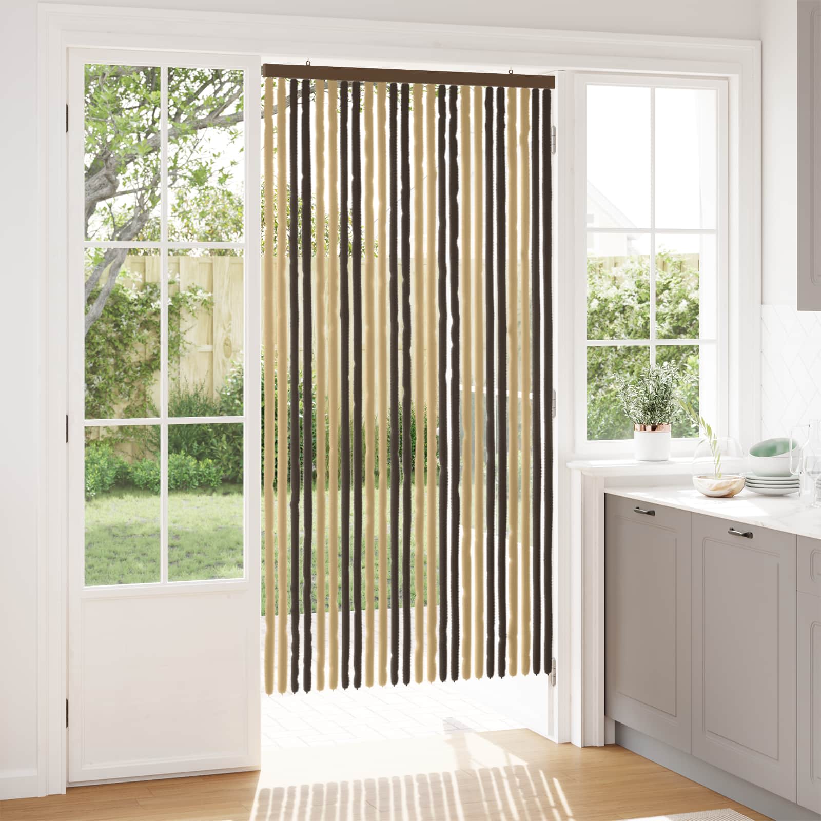 Cortina de insetos chenille marrom escuro e bege 100 x 200 cm