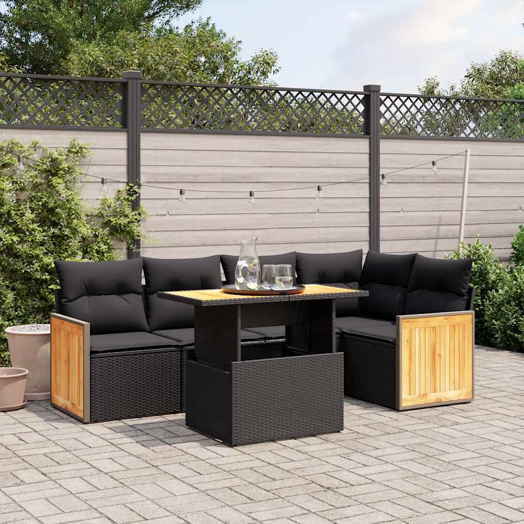 6 Pcs conjunto sofás de jardim c/ almofadões vime PE preto